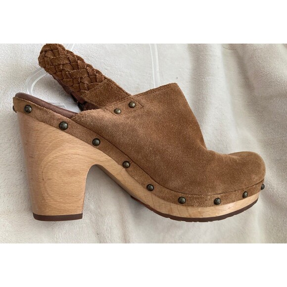 UGG Dafni Suede Clog Braided Strap Shearling Wood Heel 10 - Picture 3 of 14